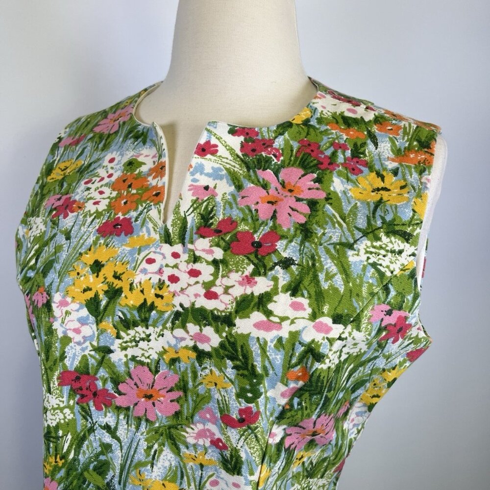 Vintage 60s Shift Mod MCM Floral Dress Green Spring Sleeveless Retro Sundress - Picture 4 of 10